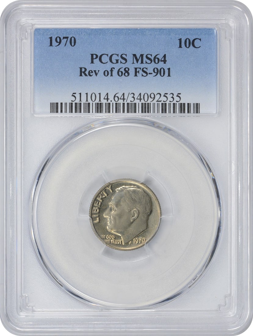 1970 Roosevelt Dime Reverse of 1968 MS64 Certified PCGS: 1970 Roosevelt Dime Reverse of 1968 MS64 Certified PCGS This 1970 Roosevelt Dime features the Reverse of 1968 design and is certified by PCGS with a grade of MS64. The coin is uncirculated, showcasing