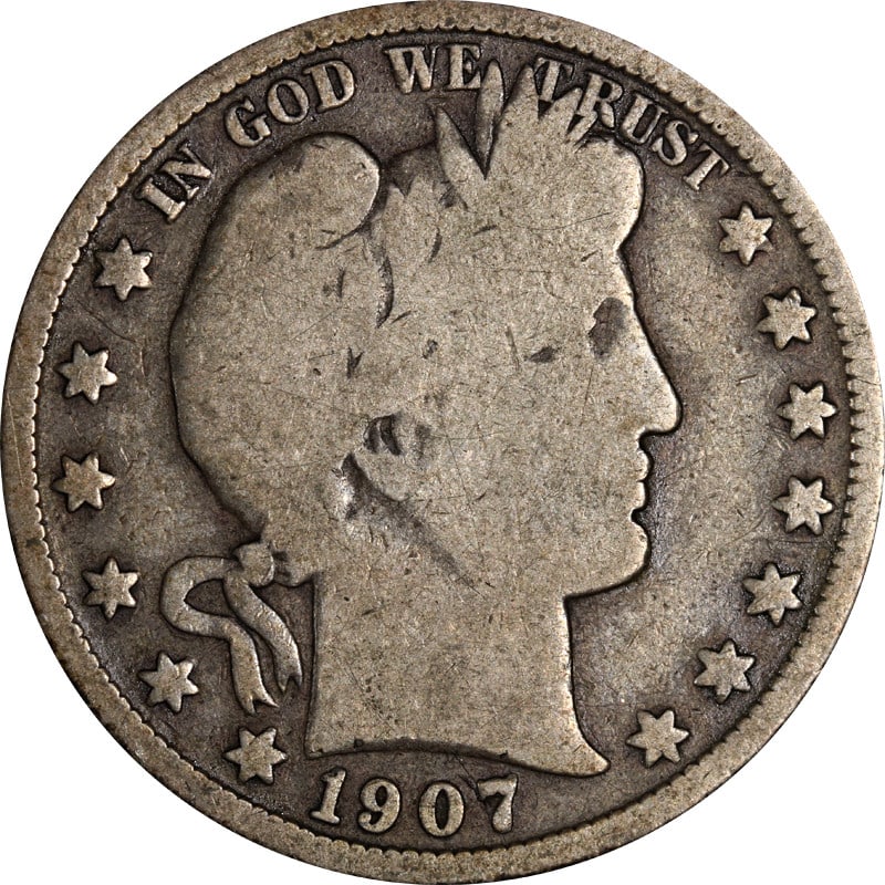 1907 S Silver Barber Half Dollar: 1907 S Silver Barber Half Dollar This 1907-S Barber Half Dollar is a circulated coin from the United States, minted in San Francisco in 1907. It is composed of silver with a fineness of 0.9. The coin 