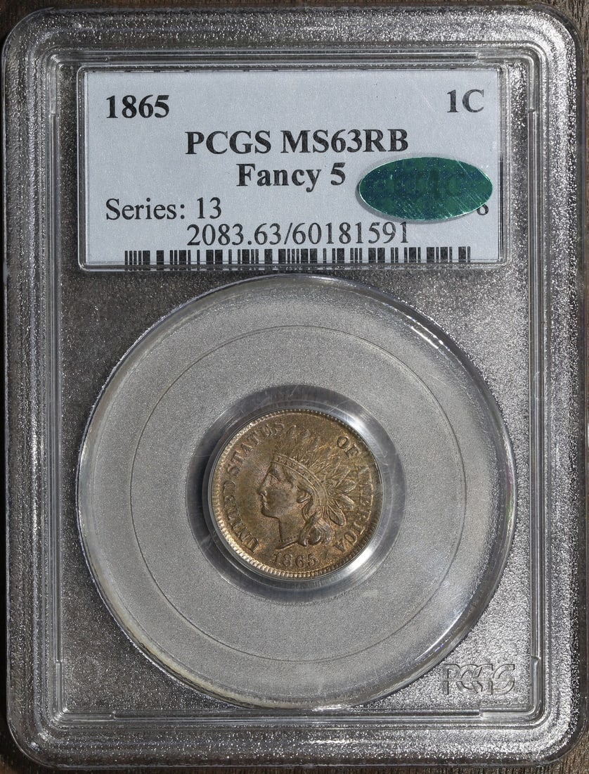 1865 Fancy 5 Indian Head Small Cent PCGS MS63RB CAC (1 of 4)