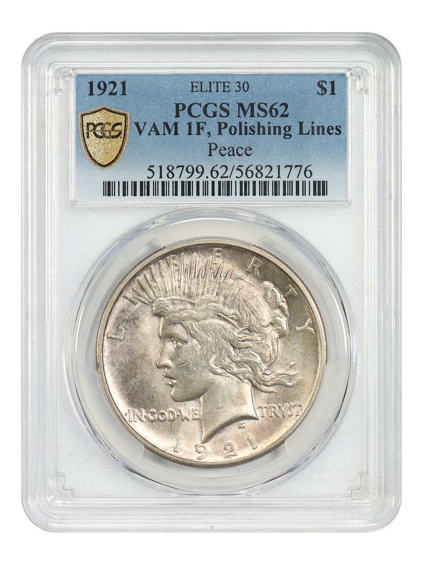 PCGS MS62 1921 Peace Dollar High Relief VAM-1F: PCGS MS62 1921 Peace Dollar High Relief VAM-1F This 1921 Peace Dollar features the High Relief design and is graded MS62 by PCGS. It is a VAM-1F variety, distinguished by visible polishing lines. The 