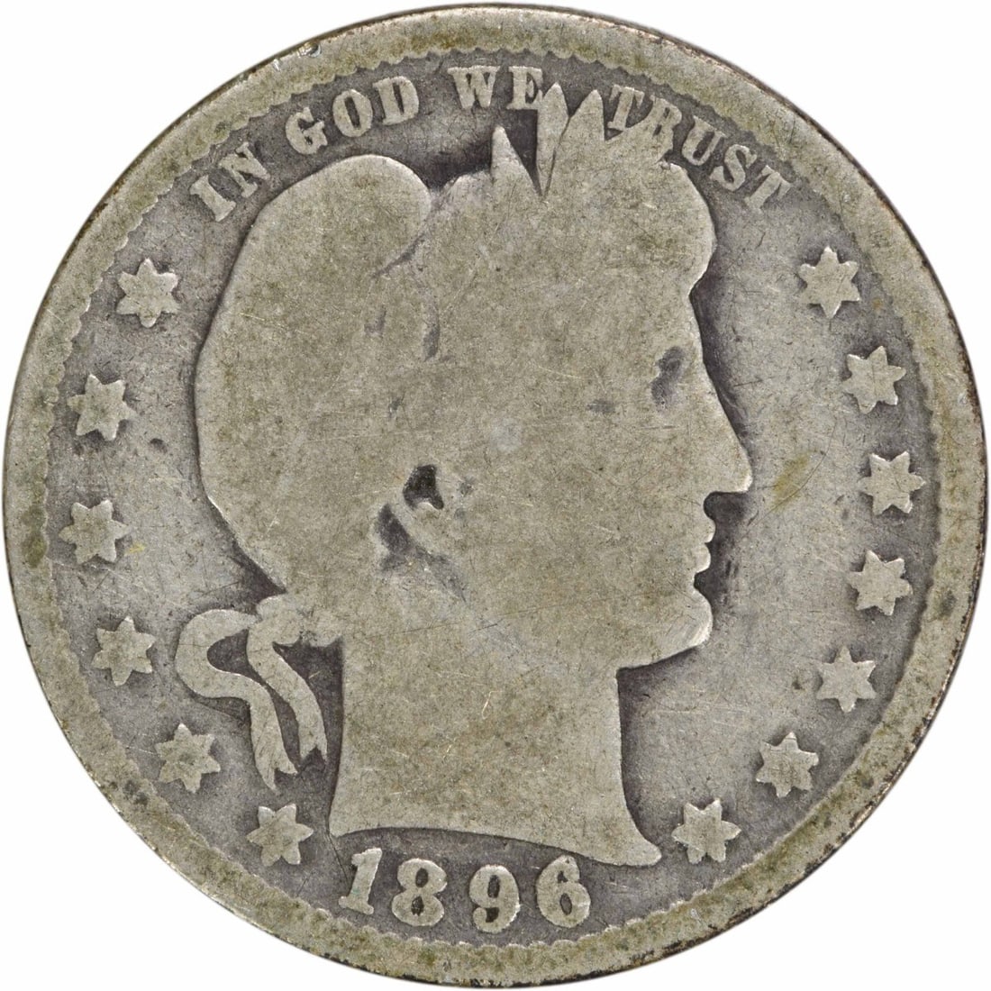 1896-O Barber Silver Quarter 25C G Uncertified Coin: 1896-O Barber Silver Quarter 25C G Uncertified Coin This 1896-O Barber Silver Quarter showcases the artistry of designer Charles E. Barber. Minted in New Orleans, this coin is part of a limited mintag
