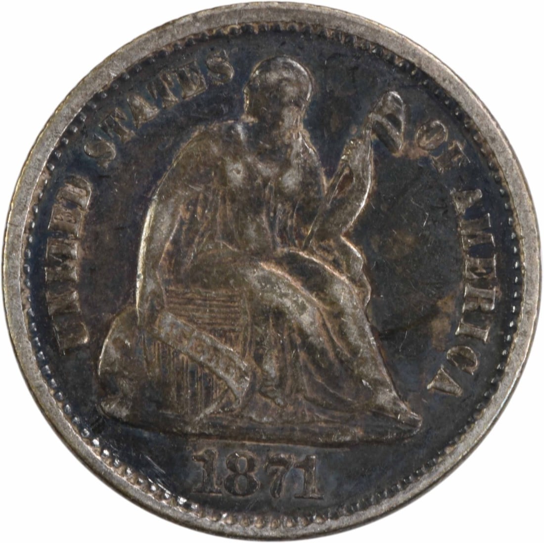 1871 Liberty Seated Half Dime 90% Silver Uncertified: 1871 Liberty Seated Half Dime 90% Silver Uncertified This 1871 Liberty Seated Silver Half Dime is a captivating piece of American numismatic history. Struck at the Philadelphia Mint, this coin feature