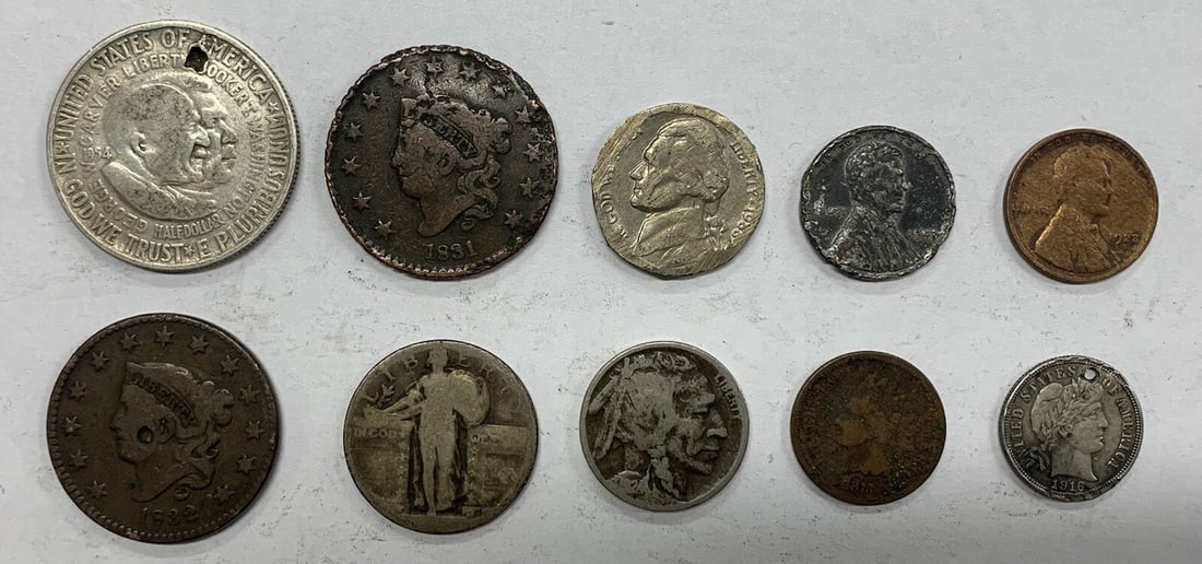 Lot of 10 Damaged United States Type Coins Copper Silver Uncertified: Lot of 10 Damaged United States Type Coins Copper Silver Uncertified This is a lot of 10 pre-owned and damaged US type coins, featuring a variety of denominations and designs. The coins are composed o