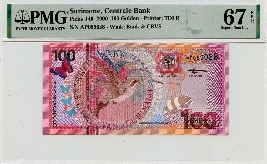 2000 Suriname 100 Gulden PMG 67 EPQ Uncirculated Banknote: 2000 Suriname 100 Gulden PMG 67 EPQ Uncirculated Banknote This 2000 100 Gulden banknote from Suriname, issued by the Centrale Bank, is graded as MS67 by PMG, indicating its uncirculated condition. The
