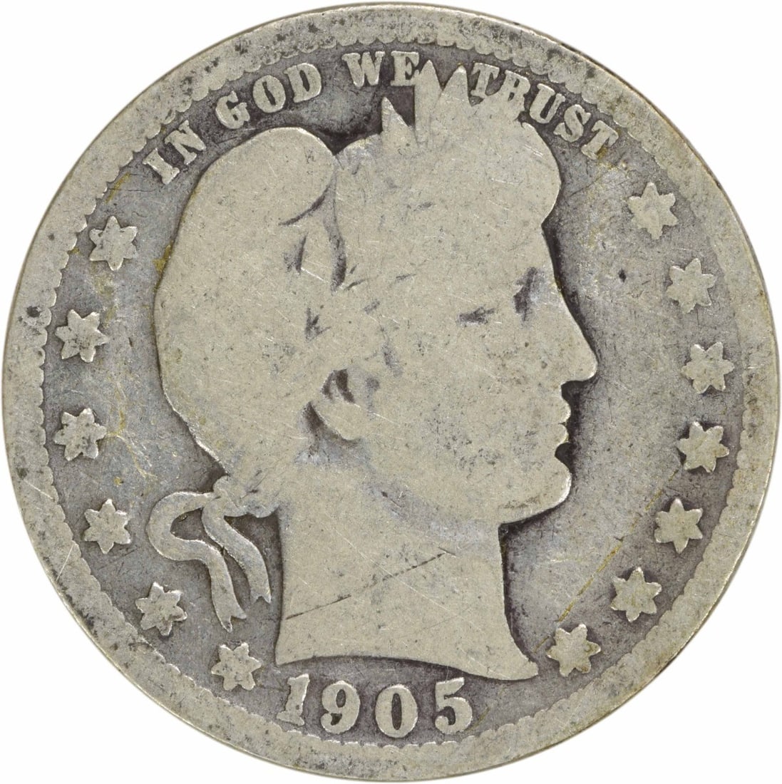 1905-O Barber Quarter 25C G Silver Coin Uncertified: 1905-O Barber Quarter 25C G Silver Coin Uncertified This 1905-O Barber Silver Quarter is a notable piece of American numismatics. Minted in New Orleans, this coin features the iconic Barber design by 
