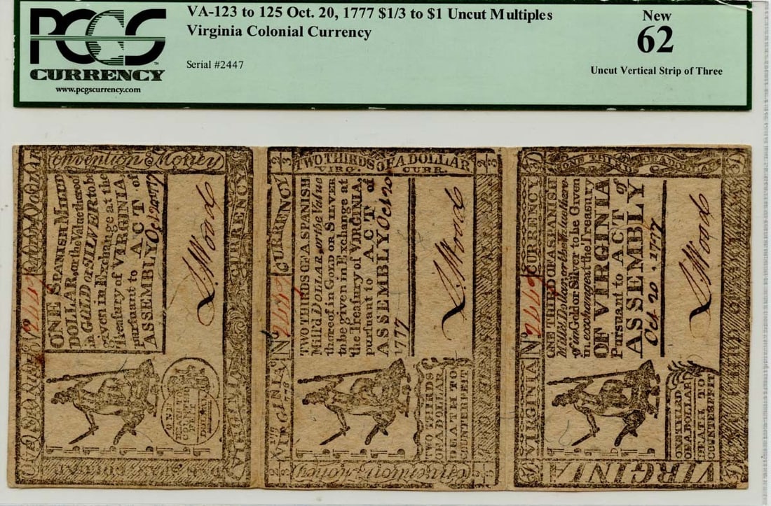 Virginia Colonial Currency Uncut Strip $1/3-$1 PCGS MS62 VA-123: Virginia Colonial Currency Uncut Strip $1/3-$1 PCGS MS62 VA-123 This uncut sheet features three denominations of Virginia Colonial currency, specifically graded MS62 by PCGS Currency. The sheet is in 