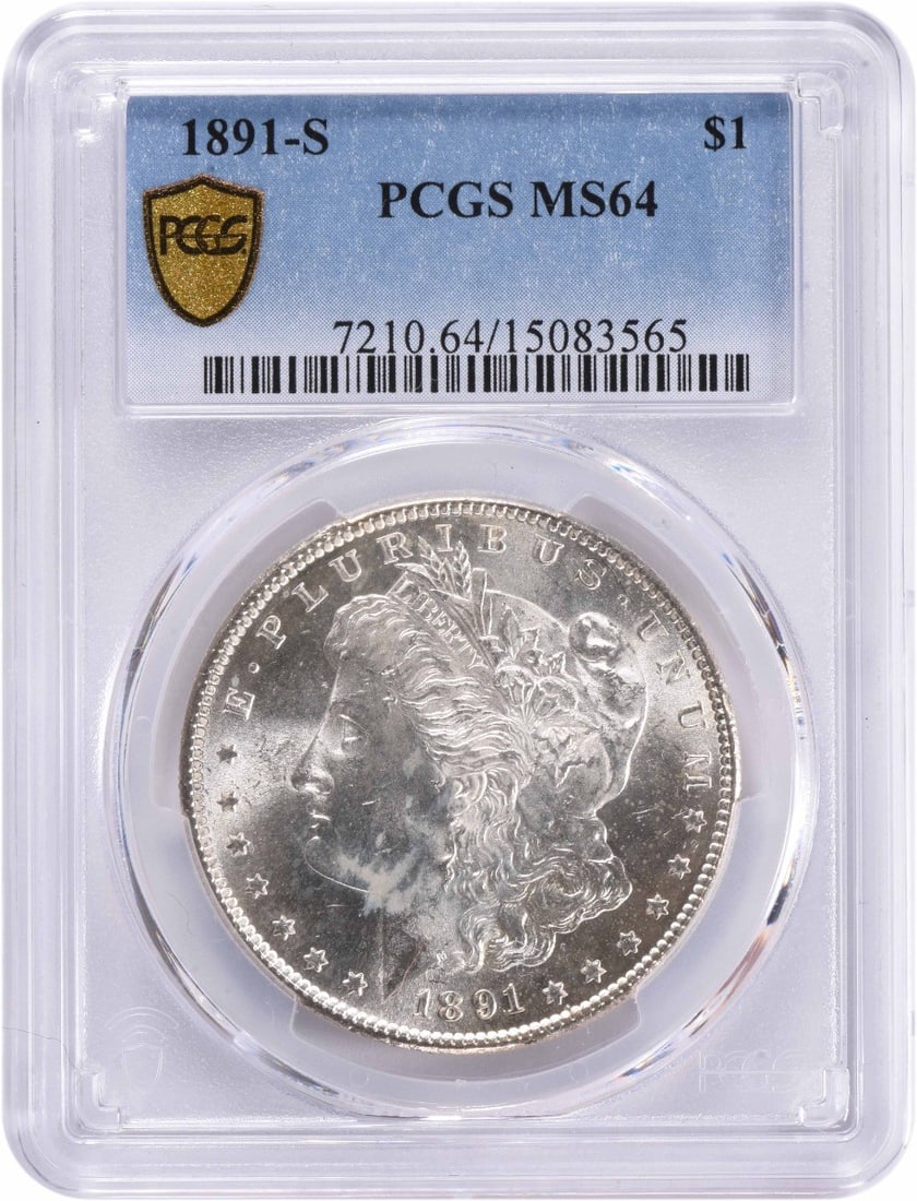 1891-S Morgan Silver Dollar MS64 PCGS Uncirculated Coin: 1891-S Morgan Silver Dollar MS64 PCGS Uncirculated Coin This exquisite 1891-S Morgan Silver Dollar is graded MS64 by PCGS, showcasing its uncirculated condition. The coin features a classic design by 
