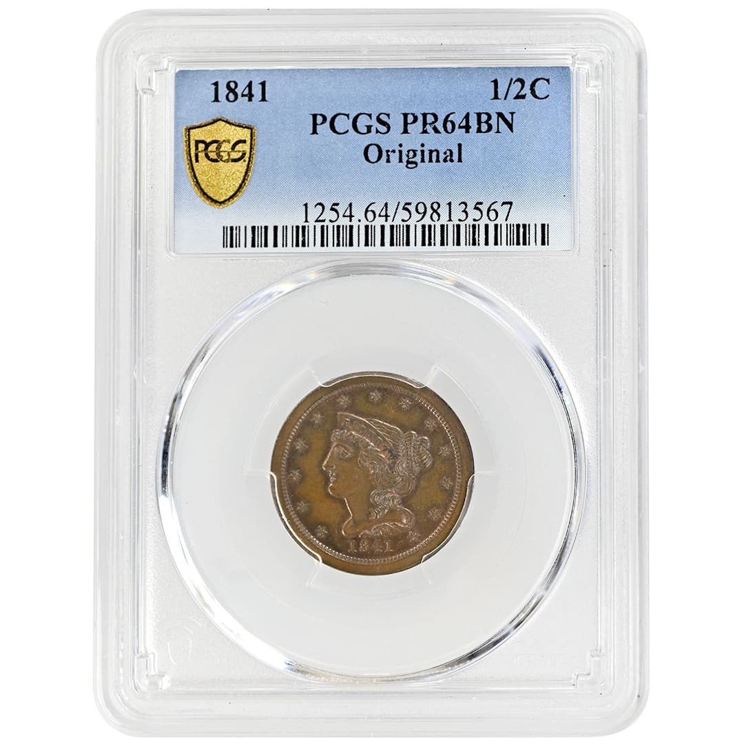 PCGS PR64BN 1841 Braided Hair Half Cent Copper: PCGS PR64BN 1841 Braided Hair Half Cent Copper This 1841 Braided Hair Half Cent is an original proof coin struck in copper, graded PR64BN by PCGS. It features a brown color designation (BN) with trace