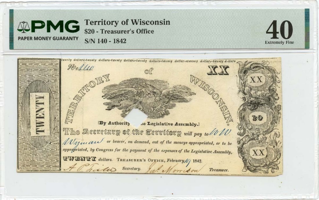 PMG XF40 1842 Wisconsin Territory $20 Obsolete Banknote: PMG XF40 1842 Wisconsin Territory $20 Obsolete Banknote This is an 1842 $20 obsolete note issued by the Treasurer's Office of the Territory of Wisconsin. The note has been certified by PMG and graded 