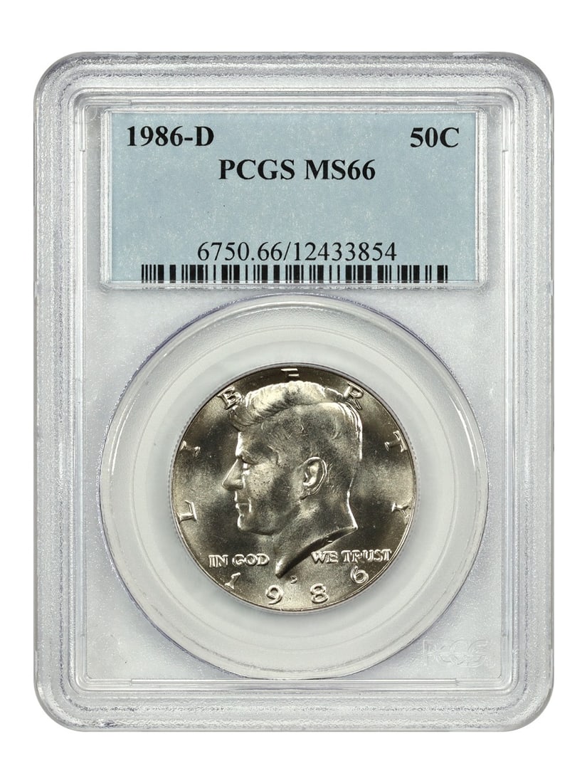 1986-D Kennedy Half Dollar PCGS MS66 Uncirculated: 1986-D Kennedy Half Dollar PCGS MS66 Uncirculated This 1986-D Kennedy Half Dollar is certified by PCGS with a grade of MS66, indicating its uncirculated condition. Struck at the Denver Mint, this coin