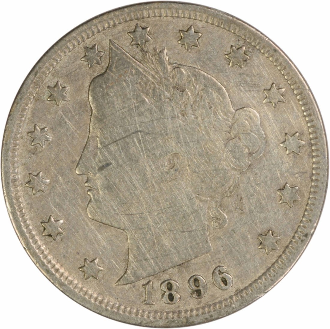 1896 Liberty Five Cent Coin Fine Grade Uncertified: 1896 Liberty Five Cent Coin Fine Grade Uncertified This 1896 Liberty Nickel features a design by Charles E. Barber and was minted in Philadelphia. Graded Fine (F), the coin is circulated and composed 
