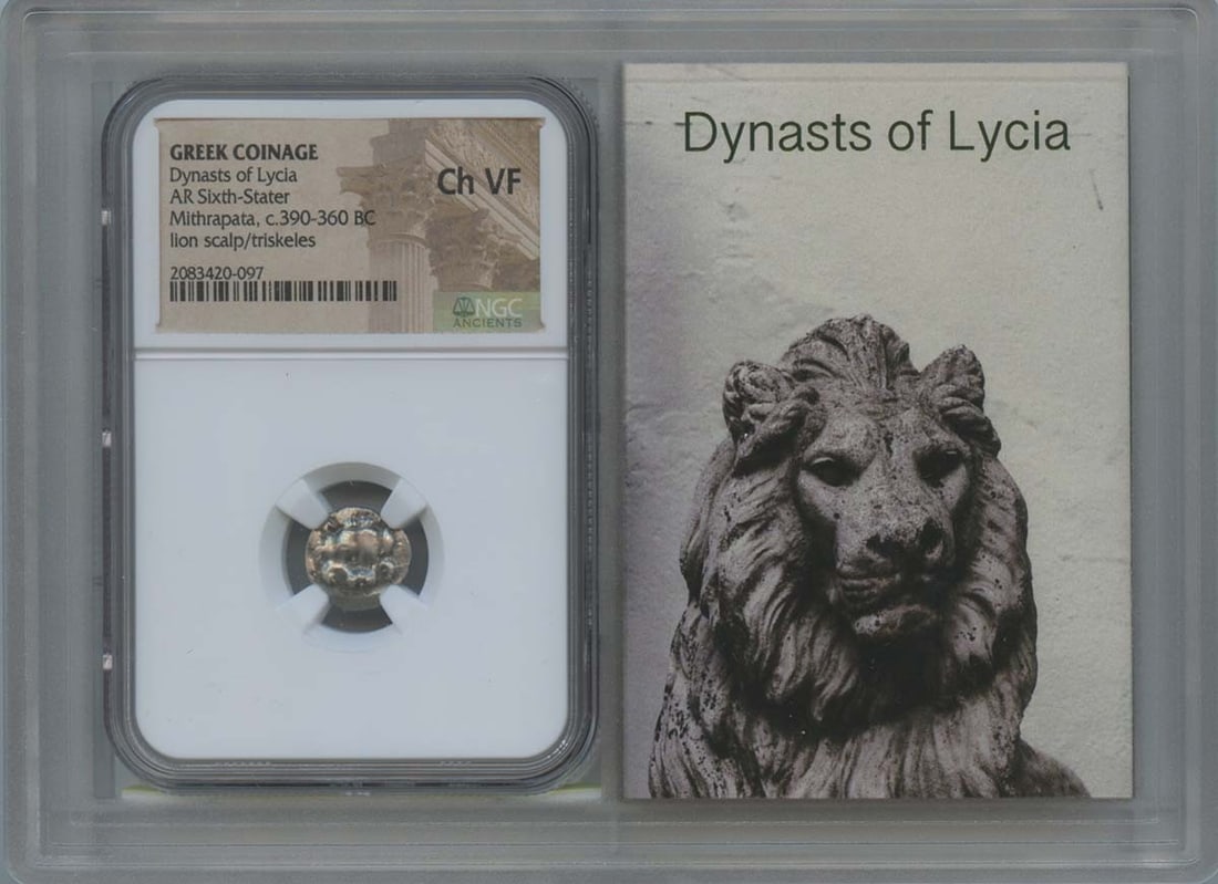 Dynasts of Lycia AR Sixth Stater Coin NGC VF35 Certified: Dynasts of Lycia AR Sixth Stater Coin NGC VF35 Certified This ancient coin is a 390-360 BC AR Sixth Stater from the Dynasts of Lycia, expertly certified by NGC with a grade of VF35. The coin showcases