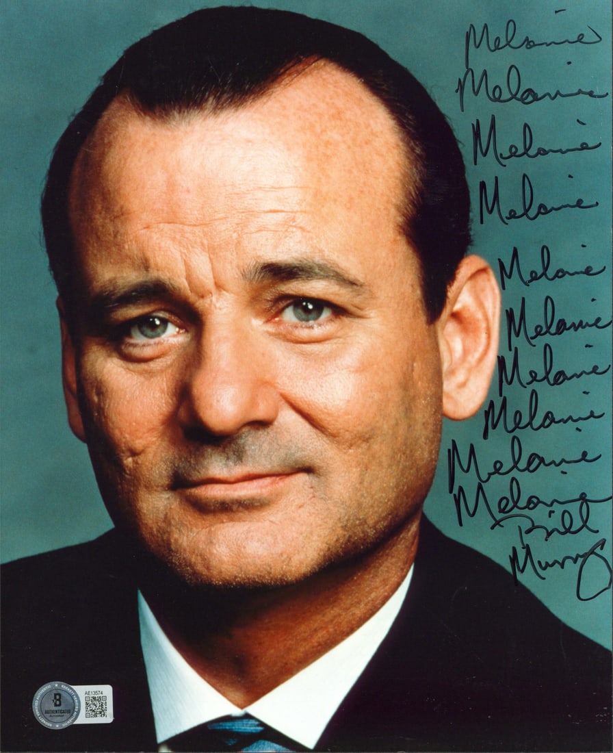 Bill Murray Mad Dog and Glory Signed 8x10 Photo BAS AE13574: Bill Murray Mad Dog and Glory Signed 8x10 Photo BAS AE13574 This is an authentic signed 8x10 photograph of Bill Murray from the film "Mad Dog and Glory," featuring the inscription "Melanie (x10)." The