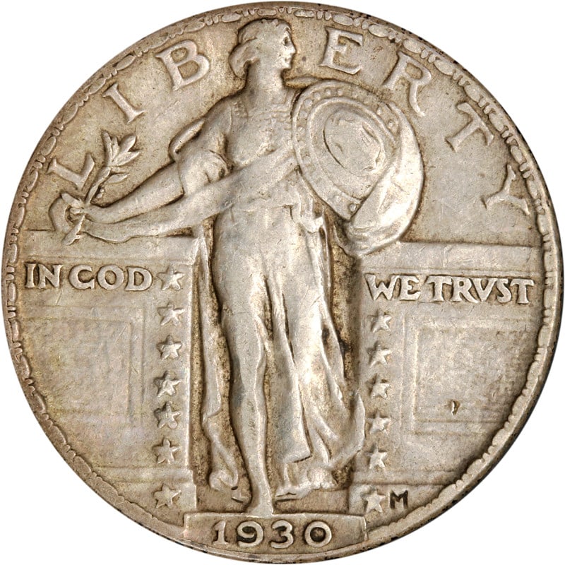 1930 Silver Quarter Philadelphia Standing Liberty Circulated Coin: 1930 Silver Quarter Philadelphia Standing Liberty Circulated Coin This 1930-P Standing Liberty Quarter is a circulated silver coin minted in Philadelphia. It originates from the United States and is a