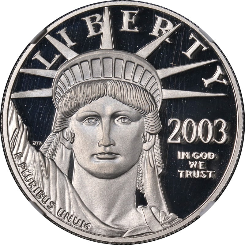NGC PF70 Ultra Cameo 2003-W $100 Platinum Eagle Coin: NGC PF70 Ultra Cameo 2003-W $100 Platinum Eagle Coin This 2003-W Platinum American Eagle $100 coin is certified by NGC as PF70 Ultra Cameo, indicating a perfect grade. Struck at the West Point Mint fr