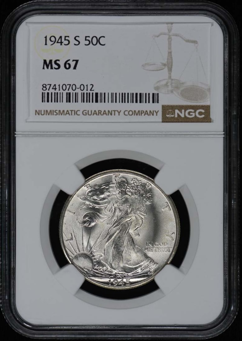 1945-S Walking Liberty Half Dollar NGC MS67 Uncirculated: 1945-S Walking Liberty Half Dollar NGC MS67 Uncirculated This 1945-S Walking Liberty Half Dollar is a remarkable addition to any collection, certified by NGC with a grade of MS67, indicating its uncir