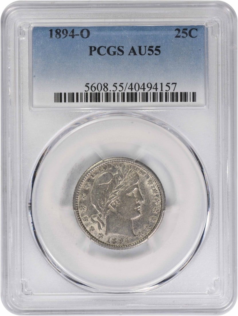 PCGS AU55 1894-O Barber Quarter 90 Percent Silver New Orleans Mint: PCGS AU55 1894-O Barber Quarter 90 Percent Silver New Orleans Mint This 1894-O Barber Silver Quarter is graded AU55 by PCGS. Minted in New Orleans, it features a composition of 90% silver and 10% copp