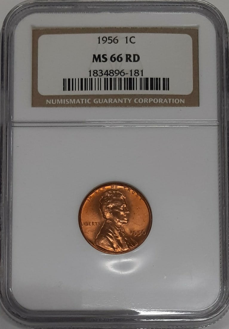 1956 Lincoln Wheat Cent NGC MS-66 Red Philadelphia Copper 1c: 1956 Lincoln Wheat Cent NGC MS-66 Red Philadelphia Copper 1c This is a 1956 Lincoln Wheat Cent, graded MS-66 RD by NGC. Minted in Philadelphia, this uncirculated small cent is composed of copper and f