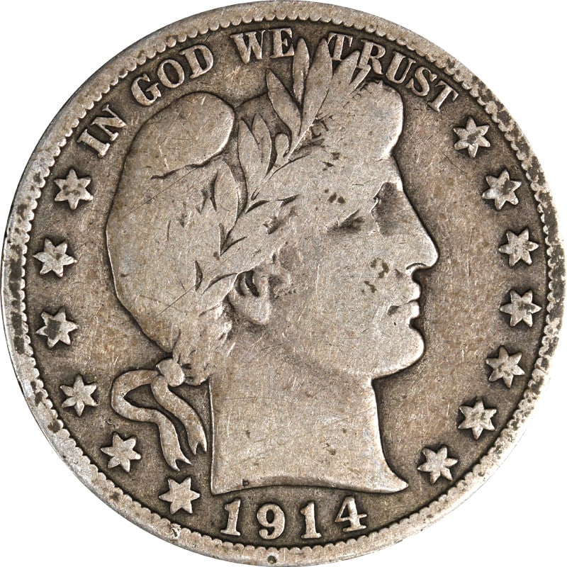 Barber Half Dollar 1914-S Silver Coin: Barber Half Dollar 1914-S Silver Coin This 1914-S Barber Half Dollar is a circulated coin from the United States, minted in 1914 in San Francisco. It is composed of 90% silver and is offered in pre-ow