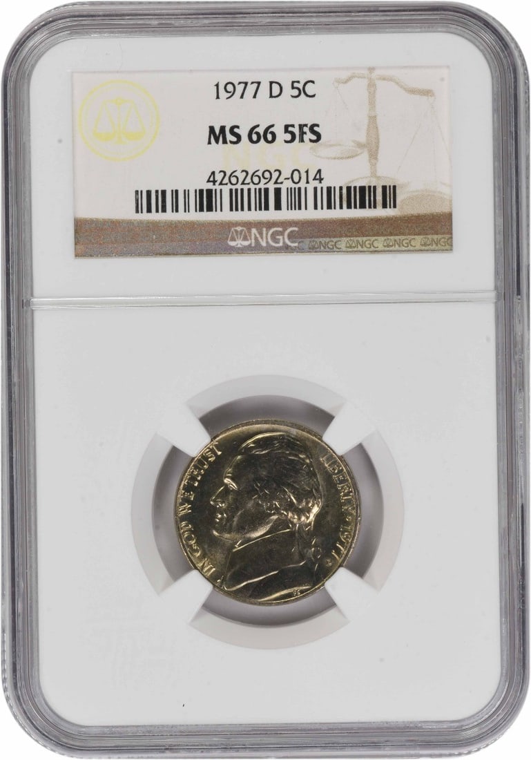 NGC MS66 1977-D Jefferson Nickel 5FS: NGC MS66 1977-D Jefferson Nickel 5FS This is a 1977-D Jefferson Nickel graded MS66 with 5 Full Steps (5FS) by NGC. The coin is uncirculated and was minted in Denver. Designed by Felix Schlag, it is co