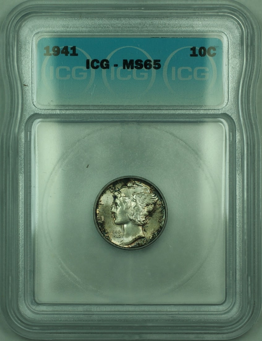 ICG MS-65 1941 Philadelphia Mercury Dime Toned Silver 10C Coin: ICG MS-65 1941 Philadelphia Mercury Dime Toned Silver 10C Coin This 1941 Mercury Silver Dime is graded MS-65 by ICG and features attractive toning. Minted in Philadelphia, it is composed of 90% silver