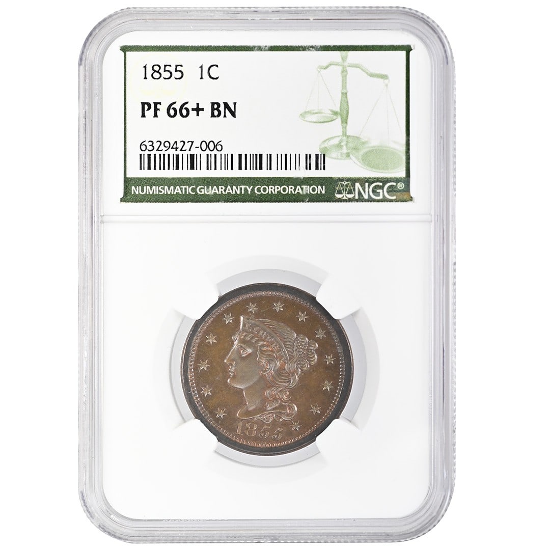 1855 Braided Hair Cent NGC PF66+BN Slanted 55: 1855 Braided Hair Cent NGC PF66+BN Slanted 55 This 1855 Braided Hair Cent is a rare numismatic piece, graded PF66+BN by NGC. Struck in Philadelphia, this uncirculated cent features a slanted 55 and is