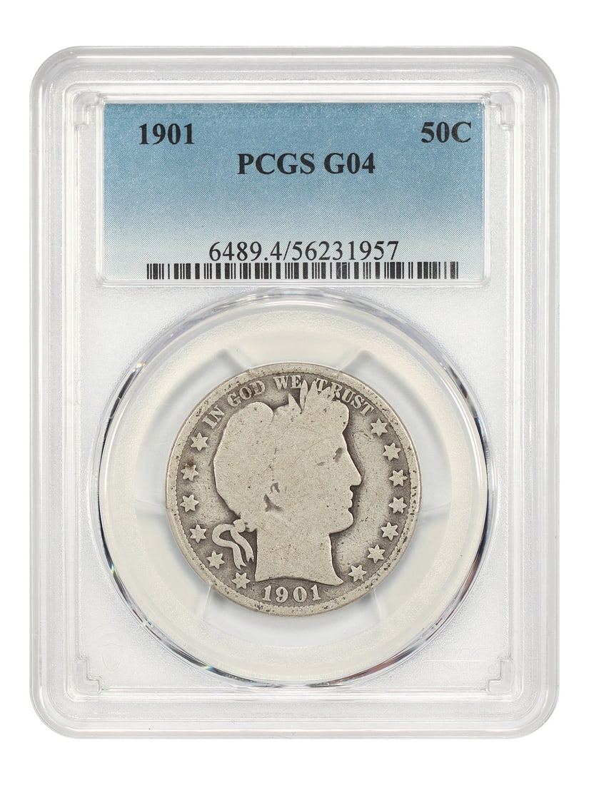 1901 Barber Half Dollar PCGS Good 04 50C: 1901 Barber Half Dollar PCGS Good 04 50C This is a 1901 Barber Half Dollar with a denomination of 50 cents, minted in Philadelphia. The coin has been certified and graded Good 04 by PCGS. It is a pre-