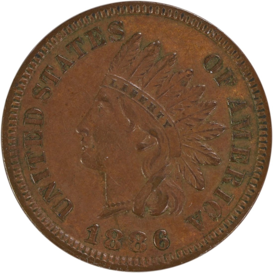 1886 Indian Head Small Cent AU Grade Uncertified Philadelphia Mint: 1886 Indian Head Small Cent AU Grade Uncertified Philadelphia Mint This is an 1886 Indian Head Cent, Variety 1, struck at the Philadelphia Mint. The coin is circulated and graded AU (About Uncirculate