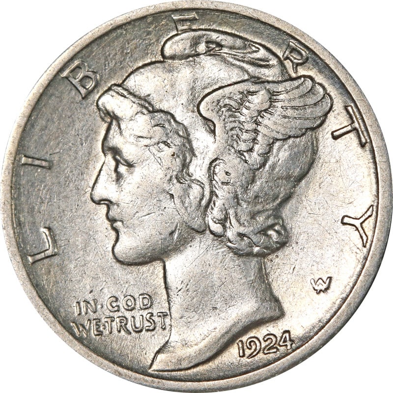1924 S Winged Liberty silver dime: 1924 S Winged Liberty silver dime This 1924-S Mercury Dime is a circulated coin from the United States, produced in 1924. Made of silver with a fineness of 0.9, it originates from the San Francisco mi