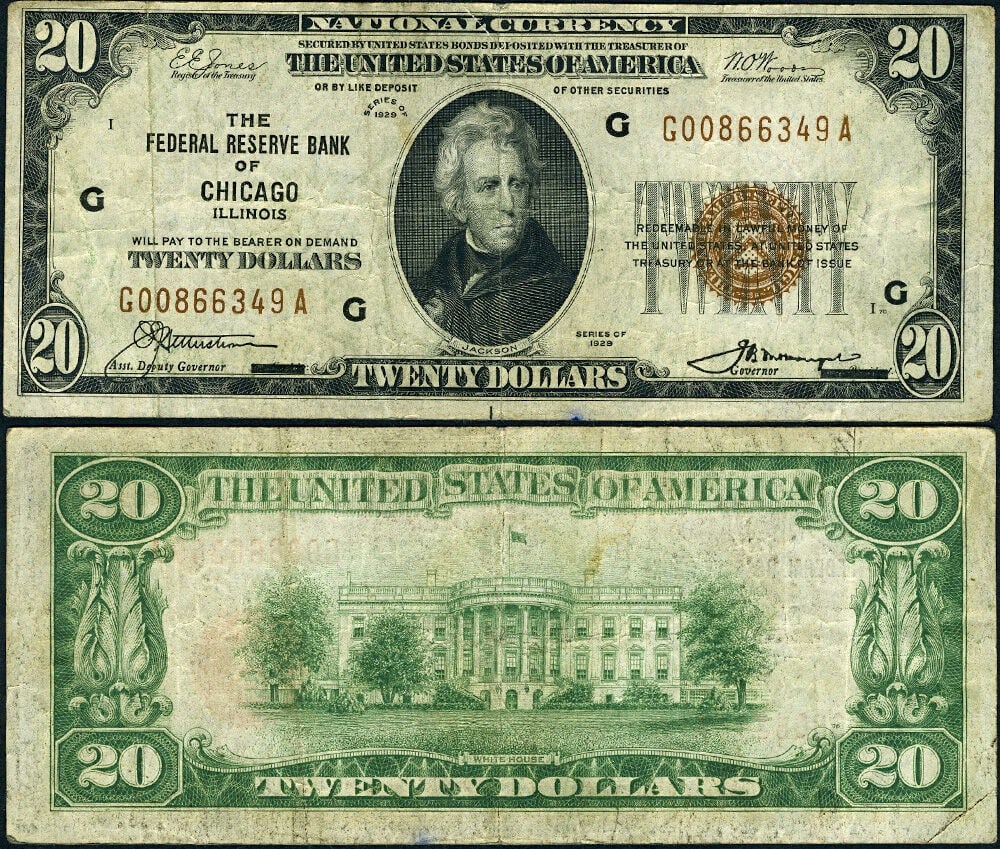1929 $20 Federal Reserve Note Chicago G-A Block Brown Seal FR 1870 G: 1929 $20 Federal Reserve Note Chicago G-A Block Brown Seal FR 1870 G This is a FR. 1870 G $20 Federal Reserve Bank Note from Chicago, dated 1929. The note features original paper quality, notable embo