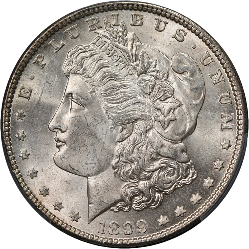 PCGS MS64 1899-P Morgan Silver Dollar Strong Strike: PCGS MS64 1899-P Morgan Silver Dollar Strong Strike This 1899-P Morgan Silver Dollar is graded MS64 by PCGS, indicating an uncirculated coin with superb eye appeal, strong strike, and fantastic luster