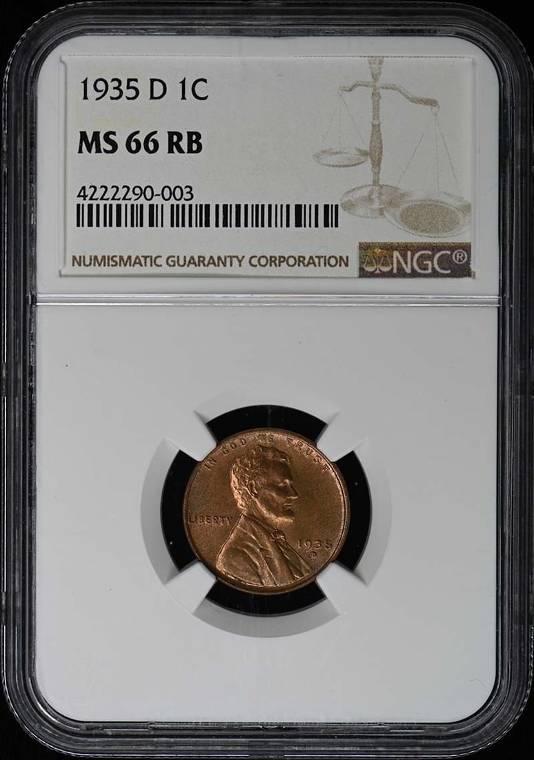 NGC MS66RB 1935-D Denver Mint Lincoln Wheat Cent One Cent Coin: NGC MS66RB 1935-D Denver Mint Lincoln Wheat Cent One Cent Coin This is a 1935-D Lincoln Cent featuring the wheat reverse design. Graded MS66RB by NGC, this uncirculated coin was minted in Denver and i