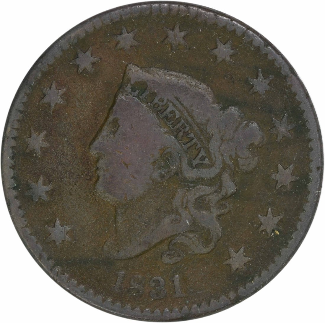 1831 Philadelphia Large Cent Coronet Head Copper Coin VG Uncertified: 1831 Philadelphia Large Cent Coronet Head Copper Coin VG Uncertified This 1831 Large Cent features large letters and is graded as Very Good (VG), indicating it has circulated. Minted in Philadelphia, 