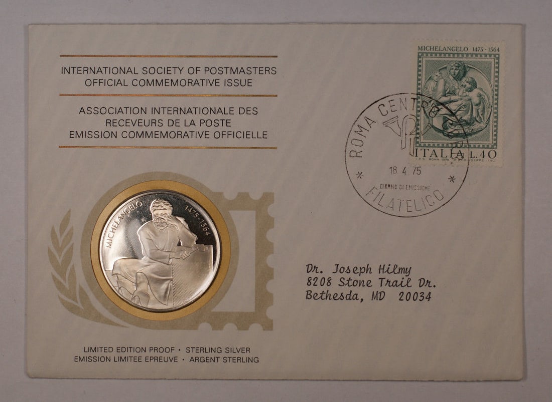Franklin Mint Sterling Silver Michelangelo Commemorative Medal 1975: Franklin Mint Sterling Silver Michelangelo Commemorative Medal 1975 This 1975 International Society of Postmasters commemorative medal honors the 500th anniversary of Michelangelo's birth. Struck in s