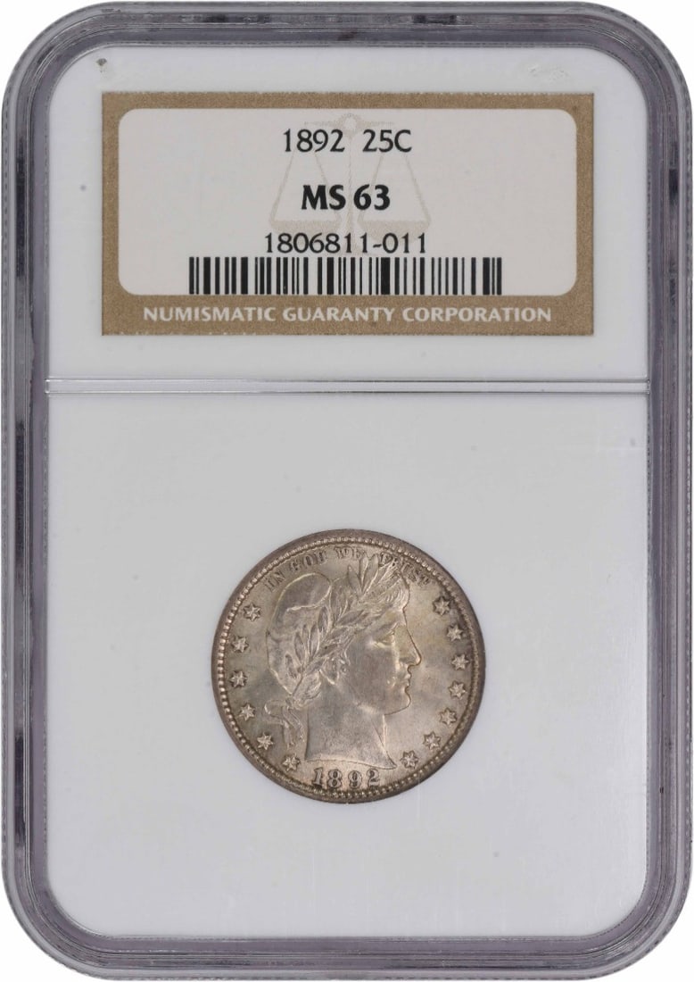 MS63 1892 Barber Quarter NGC Graded 90 Percent Silver Coin: MS63 1892 Barber Quarter NGC Graded 90 Percent Silver Coin This is an 1892 Barber Quarter from the United States, minted in Philadelphia. Certified by NGC as MS63, this uncirculated coin is composed o