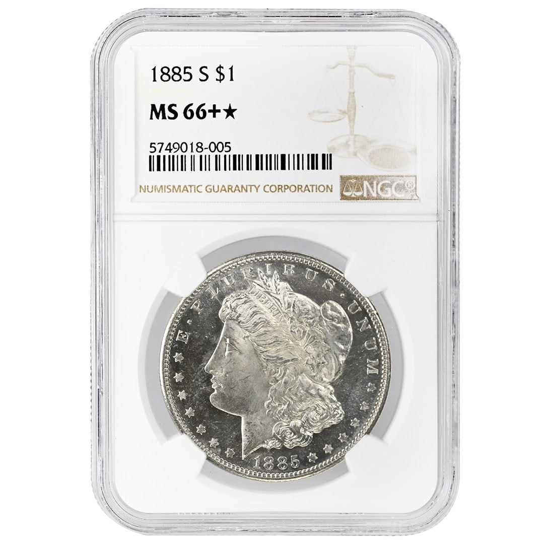1885-S Morgan silver dollar NGC MS66+: 1885-S Morgan silver dollar NGC MS66+ This 1885-S Morgan Dollar is a rare and highly graded example, certified by NGC with a grade of MS66+. Minted in San Francisco in 1885, this uncirculated silver d
