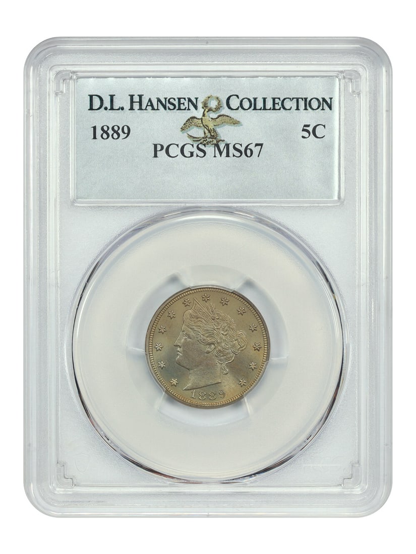 1889 Liberty Nickel 5C PCGS MS67 Premium Uncirculated Coin: 1889 Liberty Nickel 5C PCGS MS67 Premium Uncirculated Coin This 1889 Liberty Nickel, certified by PCGS with a grade of MS67, is a stunning example of numismatic excellence. With only one known example