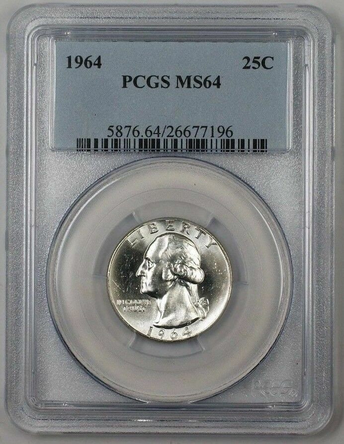 PCGS MS 64 1964 Silver 25c Washington Quarter Type B from Philadelphia: PCGS MS 64 1964 Silver 25c Washington Quarter Type B from Philadelphia This 1964 Washington Silver Quarter is a 25-cent coin graded MS-64 by PCGS. It is uncirculated and was minted in Philadelphia. Th