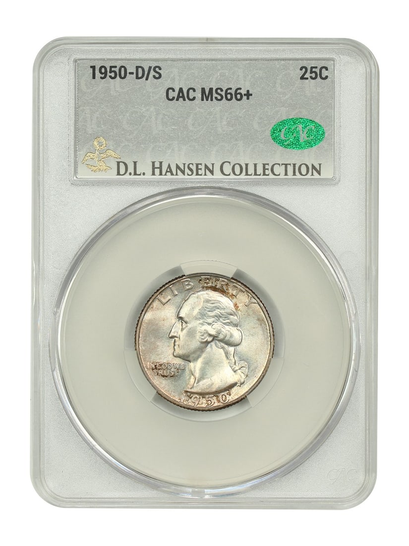 1950-D/S Washington Quarter CACG MS66+ Scarce Over Mintmark: 1950-D/S Washington Quarter CACG MS66+ Scarce Over Mintmark This 1950-D/S Washington Quarter is a notable collectible with a CACG certification (No. 692083538) and is graded MS66+. This uncirculated c