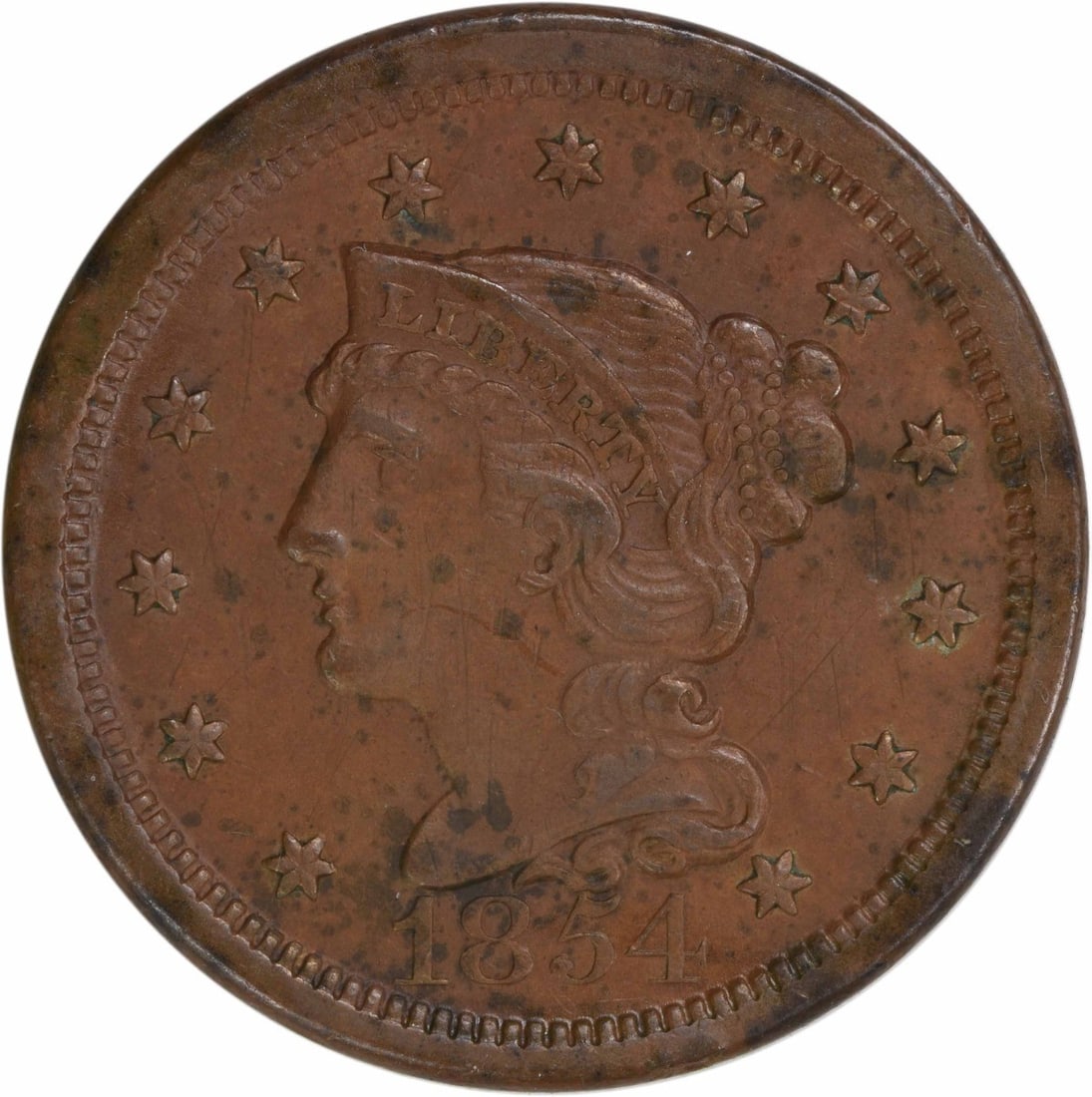 1854 Braided Hair Large Cent EF Copper Coin Uncertified: 1854 Braided Hair Large Cent EF Copper Coin Uncertified This 1854 Large Cent features the Braided Hair design by Christian Gobrecht and is a notable collectible for numismatists. The coin is circulate