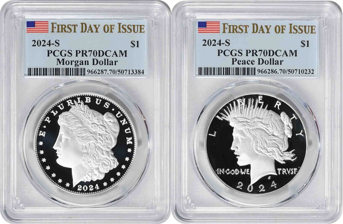 PCGS PR70DCAM 2024-S Morgan Peace Silver Dollars First Day Issue Pair: PCGS PR70DCAM 2024-S Morgan Peace Silver Dollars First Day Issue Pair This set includes two 2024-S silver dollars: a Morgan Dollar and a Peace Dollar. Both coins are proof strike, graded PR70DCAM by P