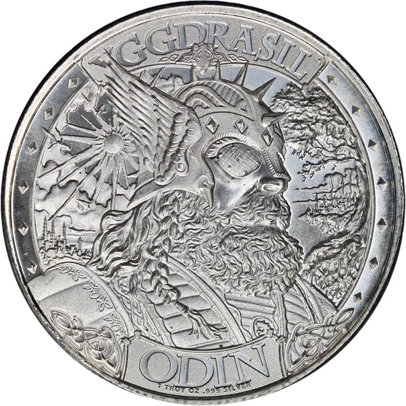 1 oz Silver Odin Round Asgard BiFrost 0.999 Fine: 1 oz Silver Odin Round Asgard BiFrost 0.999 Fine This 1 ounce silver round features an ODIN design titled 'Asgard Crossing BiFrost.' Struck in high relief with well-defined details, it is composed of 