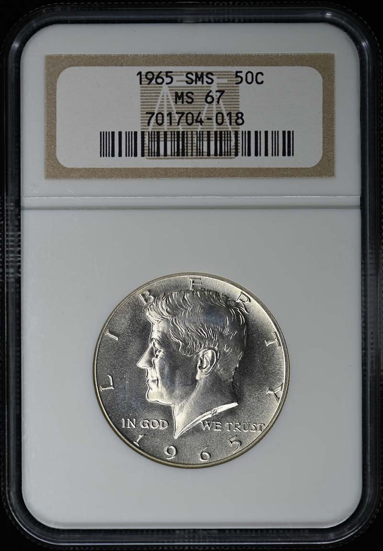 1965 Kennedy Half Dollar SMS NGC MS67 Uncirculated Coin: 1965 Kennedy Half Dollar SMS NGC MS67 Uncirculated Coin This stunning 1965 Kennedy Half Dollar is certified by NGC with a remarkable grade of MS67, indicating its pristine uncirculated condition. Mint