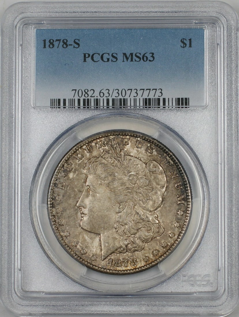 PCGS MS63 1878-S Morgan silver dollar: PCGS MS63 1878-S Morgan silver dollar This is an 1878-S Morgan Silver Dollar graded MS-63 by PCGS. The coin is uncirculated and was minted in San Francisco. It is composed of silver and comes certifie