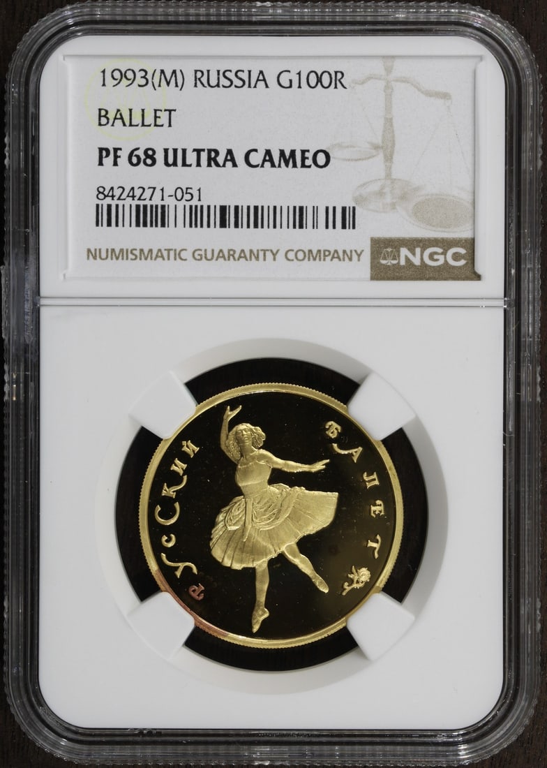 NGC PF68 Russia Ballet 100 Roubles 1 2 oz 1993-M Coin: NGC PF68 Russia Ballet 100 Roubles 1 2 oz 1993-M Coin This is a 1993-M Russia 100 Roubles gold coin featuring a ballet theme. The coin contains 1/2 oz of gold and is graded PF68 by NGC, indicating a h