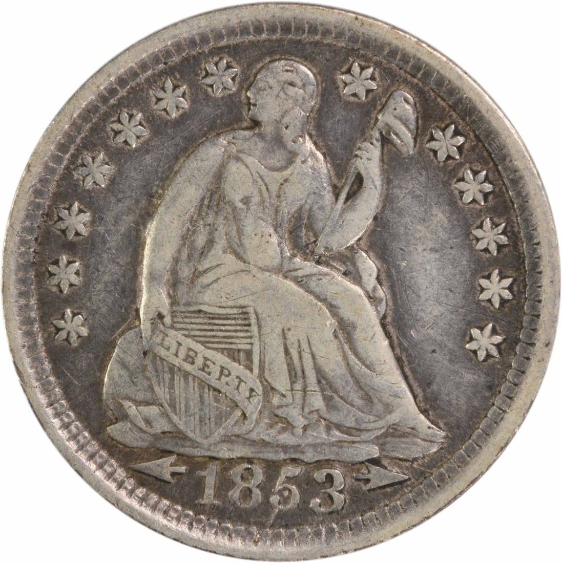 1853 Liberty Seated Half Dime Silver 90% EF Uncertified: 1853 Liberty Seated Half Dime Silver 90% EF Uncertified This 1853 Liberty Seated Silver Half Dime features a beautiful design by Christian Gobrecht, showcasing the iconic seated figure. Minted in Phil