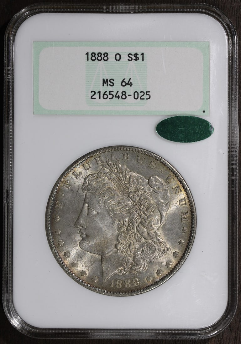 Morgan Silver Dollar 1888-O NGC Fatty MS64 CAC: Morgan Silver Dollar 1888-O NGC Fatty MS64 CAC This is an 1888 Morgan Silver Dollar from the New Orleans Mint, graded MS64 by NGC and designated with a CAC sticker. The coin is composed of 90% silver 