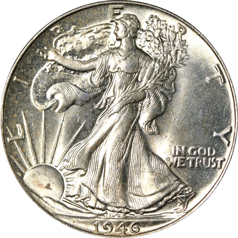1946 P Silver Walking Liberty Half Dollar: 1946 P Silver Walking Liberty Half Dollar This is a 1946-P Walking Liberty Half Dollar from the United States. The coin is composed of 0.9 fineness silver and is in circulated, pre-owned condition. It