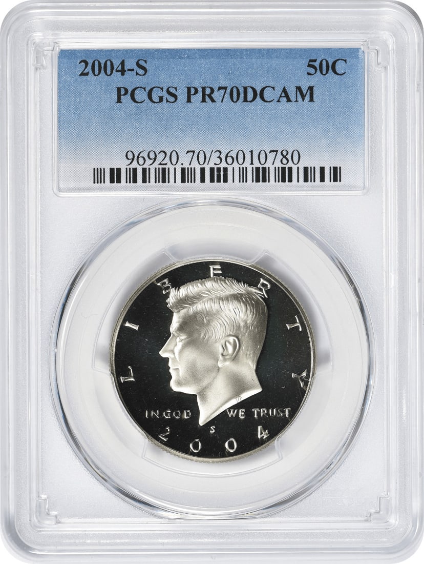 2004-S Kennedy Half Dollar PR70DCAM PCGS Proof Coin Uncirculated: 2004-S Kennedy Half Dollar PR70DCAM PCGS Proof Coin Uncirculated This 2004-S Clad Kennedy Half Dollar is certified by PCGS as PR70 Deep Cameo, representing the highest grade possible for proof coins. 