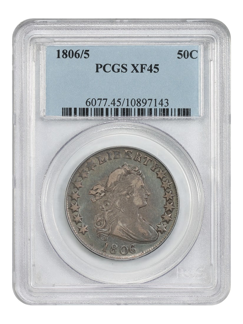 PCGS XF45 1806 Overdate Half Dollar Large Stars: PCGS XF45 1806 Overdate Half Dollar Large Stars This 1806/5 Draped Bust Half Dollar features the sought-after overdate variety with large stars. Graded XF45 by PCGS, this circulated coin retains signi